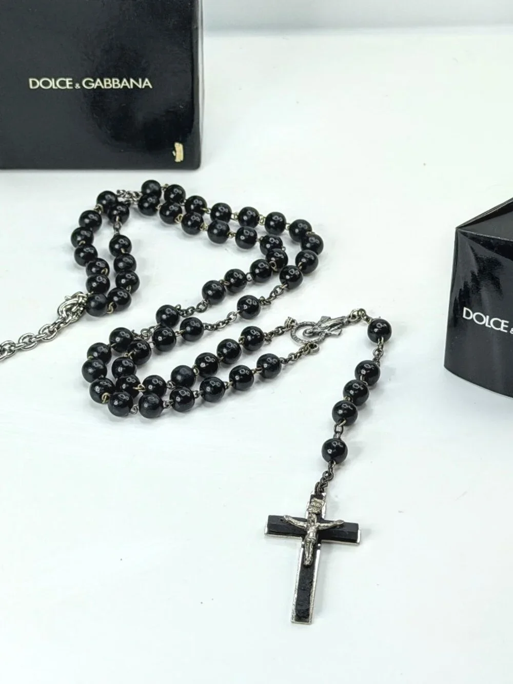 Vintage Dolce & Gabbana 925 Silver Black Bead Rosary Crucifix Necklace JR1983